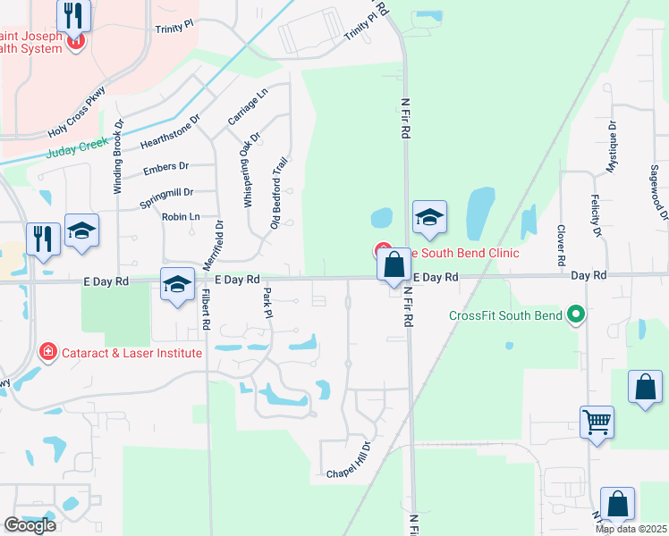 map of restaurants, bars, coffee shops, grocery stores, and more near 1620 East Day Road in Mishawaka
