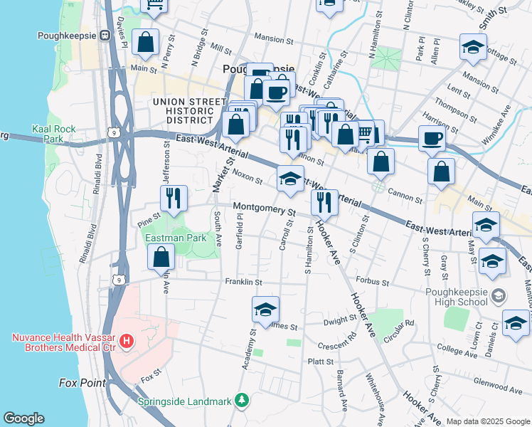 map of restaurants, bars, coffee shops, grocery stores, and more near 92 Academy Street in Poughkeepsie