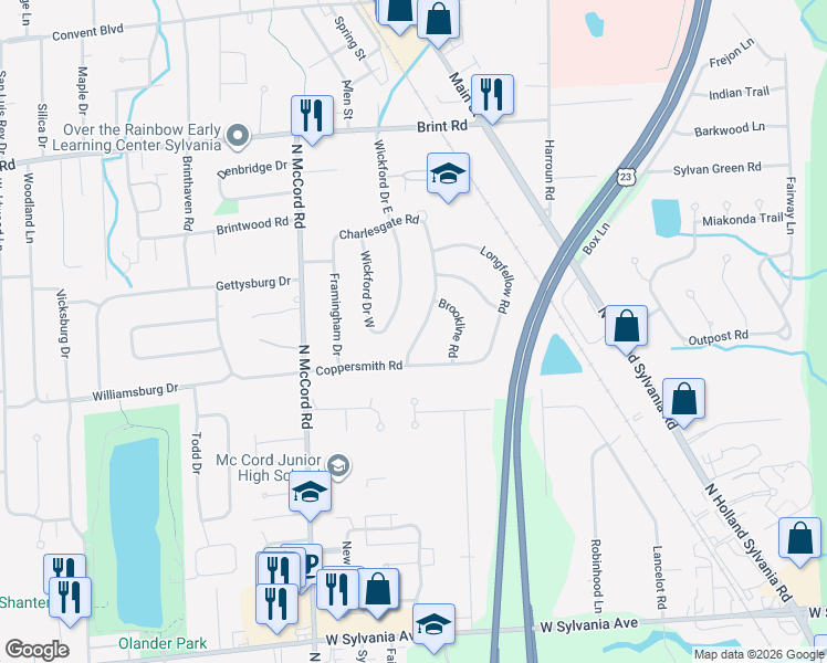 map of restaurants, bars, coffee shops, grocery stores, and more near 4535 Charlesgate Road in Sylvania