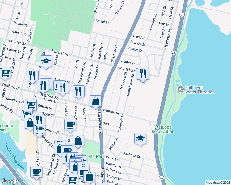 map of restaurants, bars, coffee shops, grocery stores, and more near 100 North Marion Street in Fall River