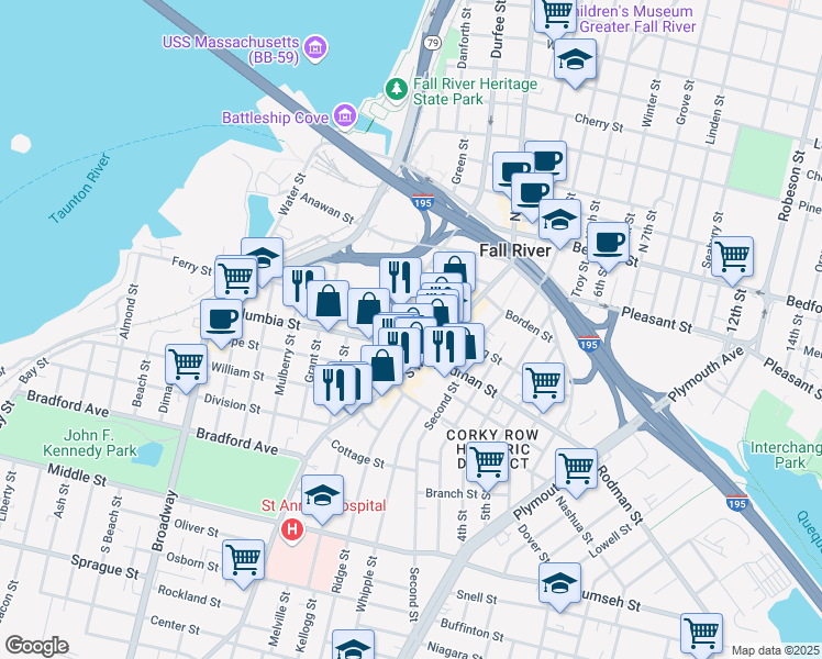 map of restaurants, bars, coffee shops, grocery stores, and more near 231 Union Street in Fall River