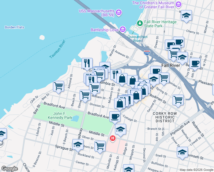 map of restaurants, bars, coffee shops, grocery stores, and more near 257 Hope Street in Fall River