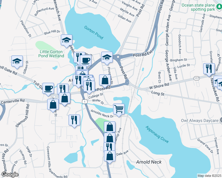 map of restaurants, bars, coffee shops, grocery stores, and more near 72 College Street in Warwick