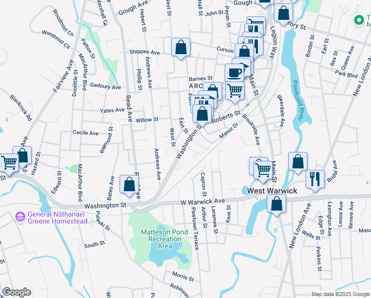 map of restaurants, bars, coffee shops, grocery stores, and more near 325 Rhode Island 33 in West Warwick