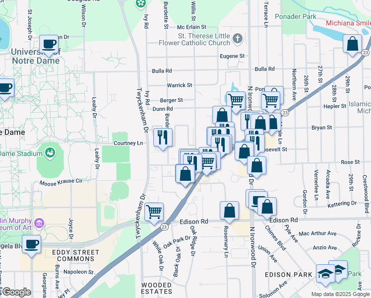 map of restaurants, bars, coffee shops, grocery stores, and more near 54749-54783 Willis Street in South Bend