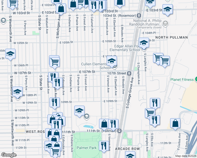 map of restaurants, bars, coffee shops, grocery stores, and more near 10759 South King Drive in Chicago