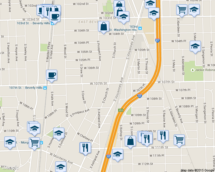 map of restaurants, bars, coffee shops, grocery stores, and more near 10727 South Church Street in Chicago