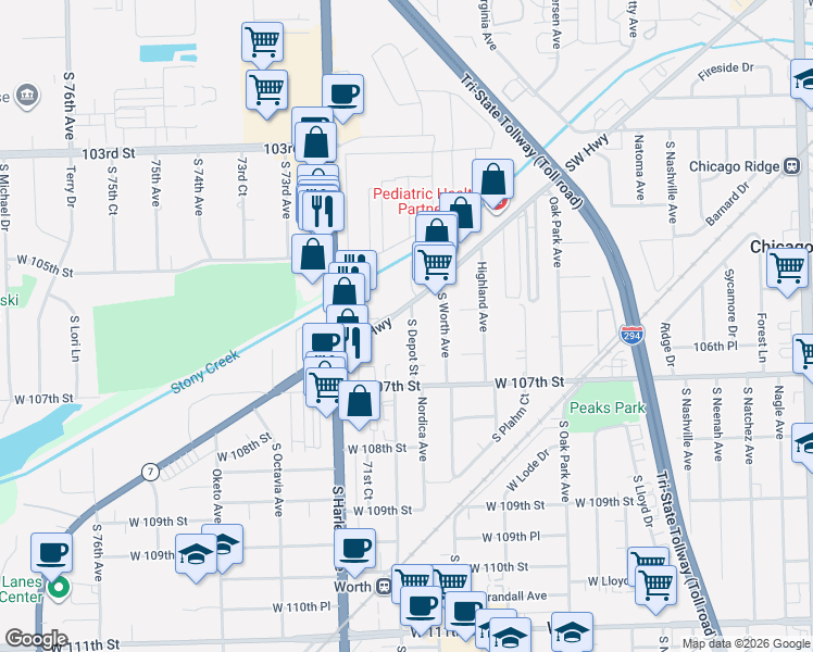 map of restaurants, bars, coffee shops, grocery stores, and more near 10610 South Depot Street in Worth