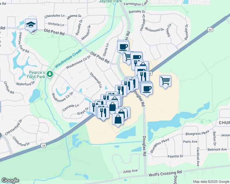map of restaurants, bars, coffee shops, grocery stores, and more near 114 Grays Court in Oswego