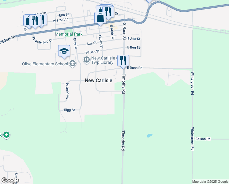 map of restaurants, bars, coffee shops, grocery stores, and more near Chapman Drive in New Carlisle