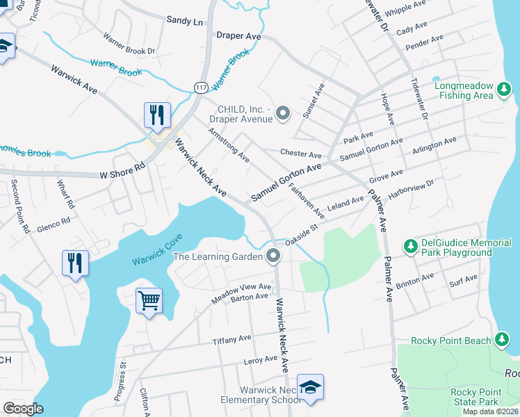 map of restaurants, bars, coffee shops, grocery stores, and more near 190 Warwick Neck Avenue in Warwick