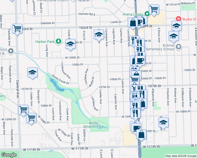 map of restaurants, bars, coffee shops, grocery stores, and more near 10624 Lawler Avenue in Oak Lawn