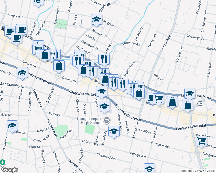 map of restaurants, bars, coffee shops, grocery stores, and more near 591 Main Street in Poughkeepsie