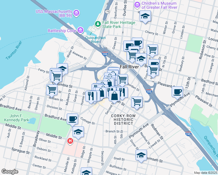 map of restaurants, bars, coffee shops, grocery stores, and more near 307 South Main Street in Fall River