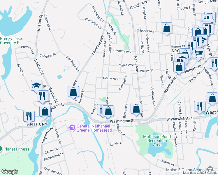 map of restaurants, bars, coffee shops, grocery stores, and more near 160 Macarthur Boulevard in Coventry