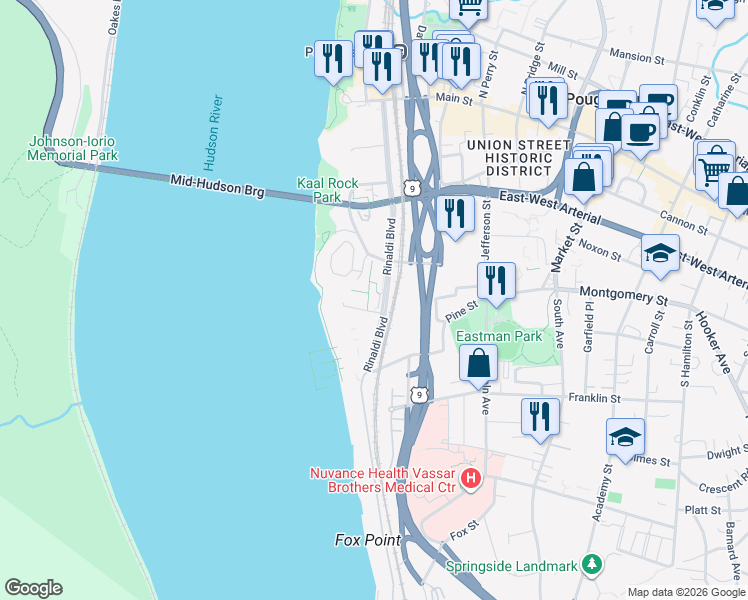 map of restaurants, bars, coffee shops, grocery stores, and more near 32 Hurlihe Street in Poughkeepsie