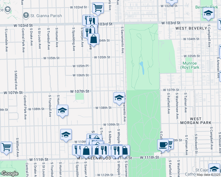 map of restaurants, bars, coffee shops, grocery stores, and more near 10710 South Albany Avenue in Chicago