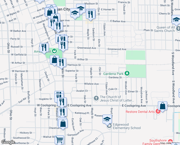 map of restaurants, bars, coffee shops, grocery stores, and more near 2003 Maple Street in Michigan City