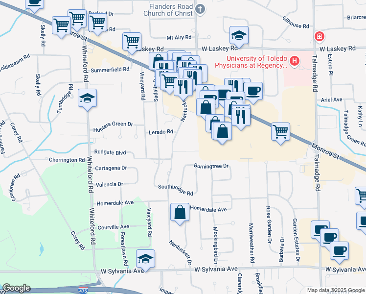 map of restaurants, bars, coffee shops, grocery stores, and more near 4737 Sutton Place in Toledo