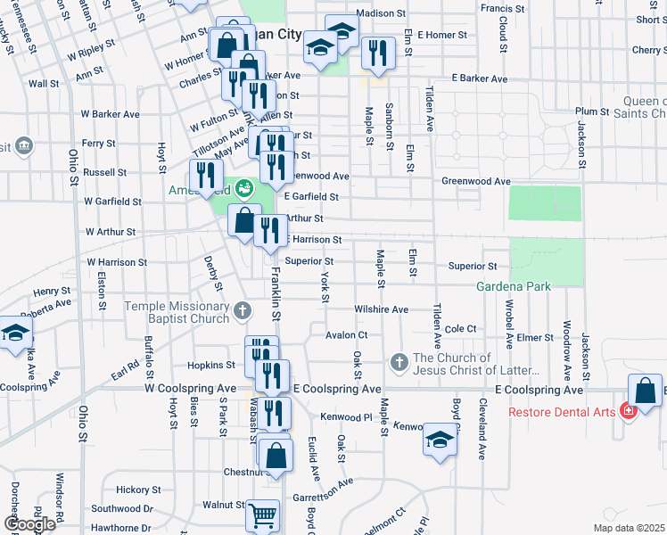 map of restaurants, bars, coffee shops, grocery stores, and more near 101-199 Gardena St in Michigan City