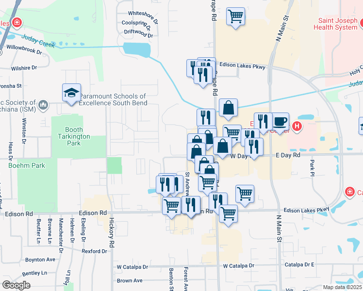 map of restaurants, bars, coffee shops, grocery stores, and more near Tanglewood Lane in Mishawaka