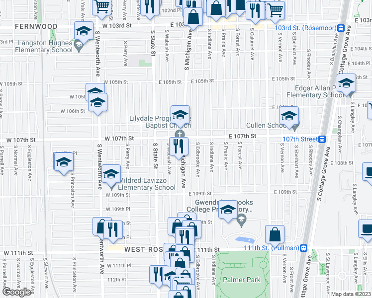 map of restaurants, bars, coffee shops, grocery stores, and more near 10723 South Michigan Avenue in Chicago
