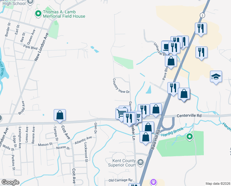 map of restaurants, bars, coffee shops, grocery stores, and more near 45 Fishs Lane in Warwick