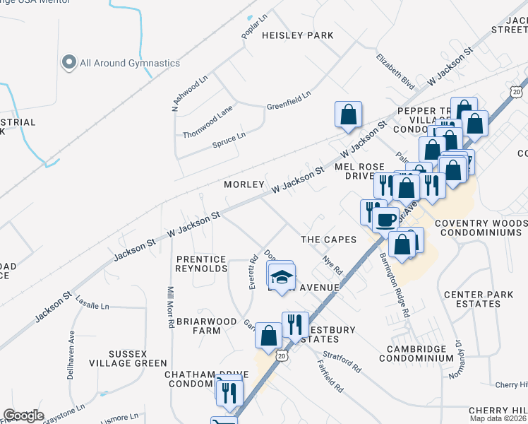 map of restaurants, bars, coffee shops, grocery stores, and more near 162 Doan Avenue North in Painesville