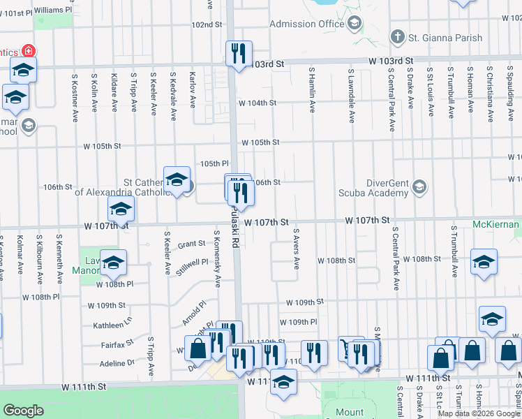 map of restaurants, bars, coffee shops, grocery stores, and more near 3905 West 107th Street in Chicago