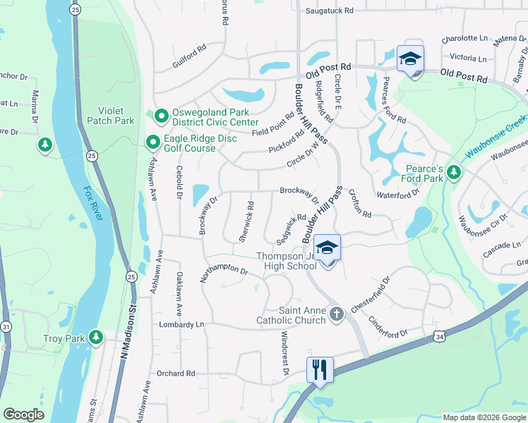 map of restaurants, bars, coffee shops, grocery stores, and more near 14 Sherwick Road in Oswego