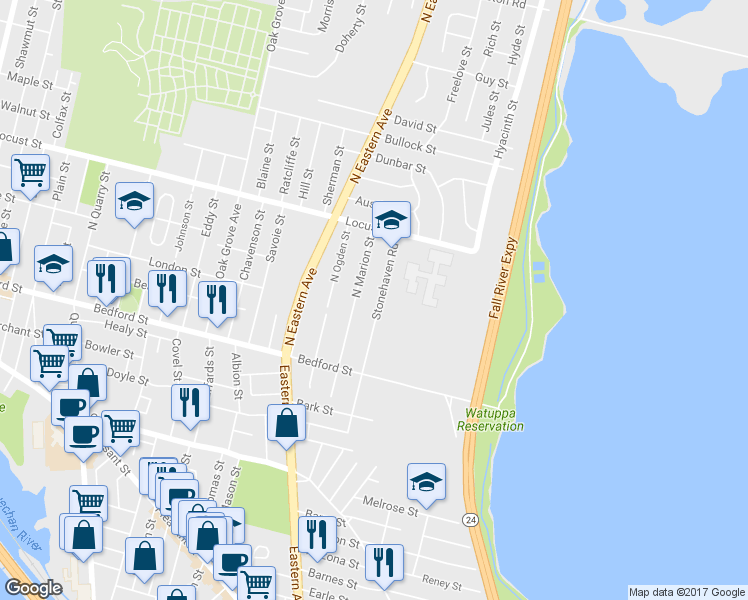 map of restaurants, bars, coffee shops, grocery stores, and more near 166 Stonehaven Road in Fall River