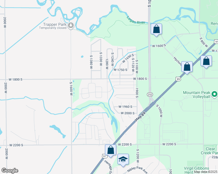 map of restaurants, bars, coffee shops, grocery stores, and more near 1850 South 1280 West in Logan