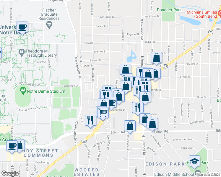 map of restaurants, bars, coffee shops, grocery stores, and more near 54750 Willis Street in South Bend