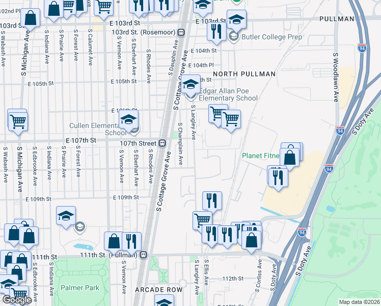 map of restaurants, bars, coffee shops, grocery stores, and more near 10734 South Langley Avenue in Chicago
