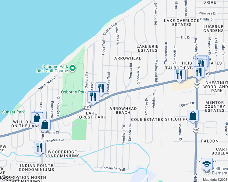 map of restaurants, bars, coffee shops, grocery stores, and more near 38866 Ohio 283 in Willoughby