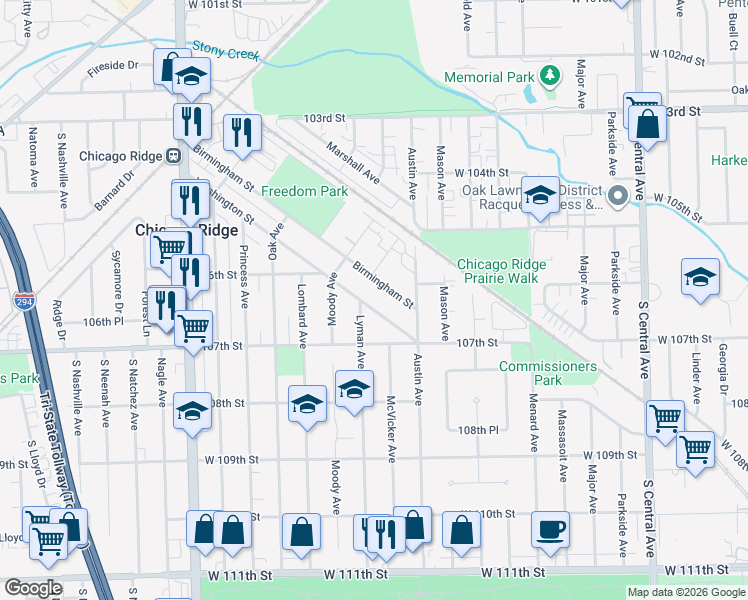 map of restaurants, bars, coffee shops, grocery stores, and more near 6027 Washington Street in Chicago Ridge