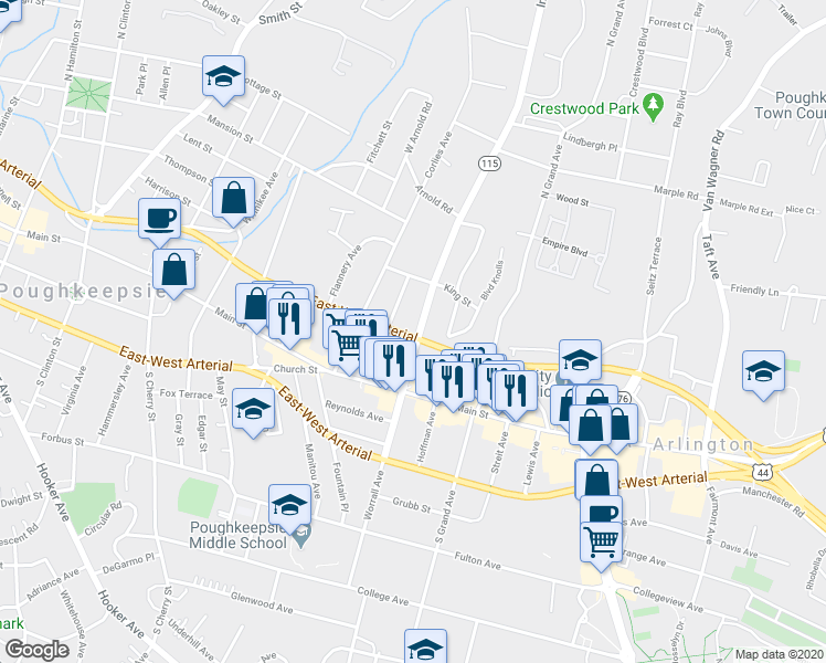 map of restaurants, bars, coffee shops, grocery stores, and more near 20 Innis Avenue in Poughkeepsie