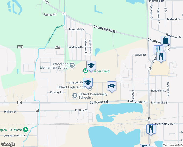 map of restaurants, bars, coffee shops, grocery stores, and more near 1220 County Road 3 in Elkhart