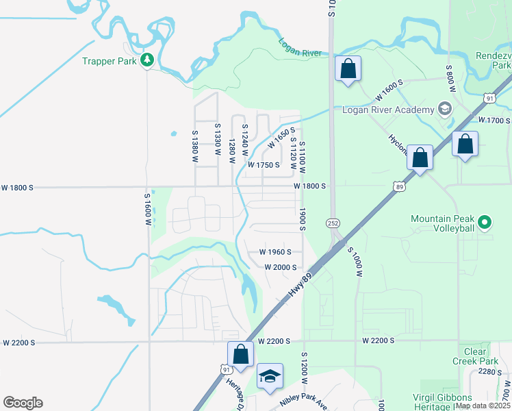 map of restaurants, bars, coffee shops, grocery stores, and more near 1934 South 1250 West in Logan