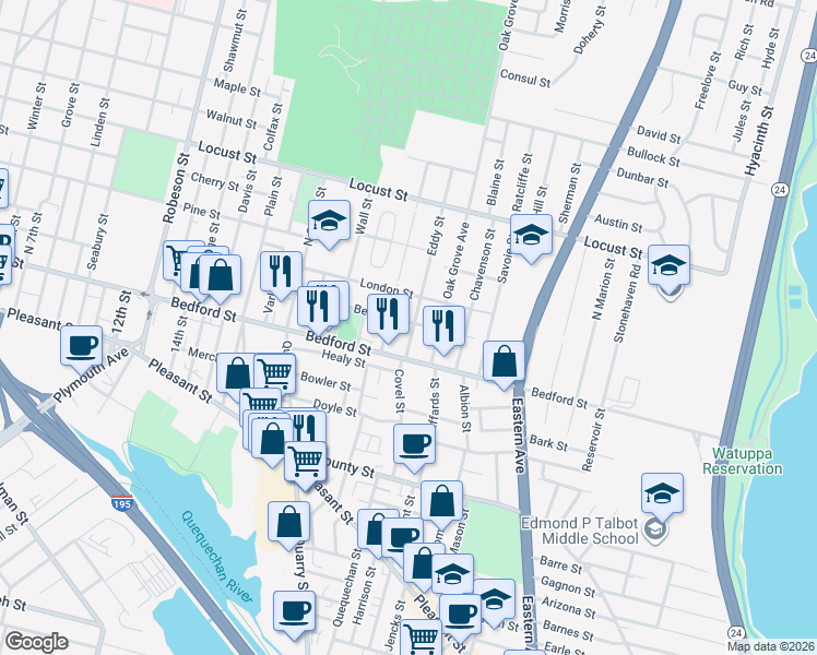 map of restaurants, bars, coffee shops, grocery stores, and more near 1076 Bedford Street in Fall River