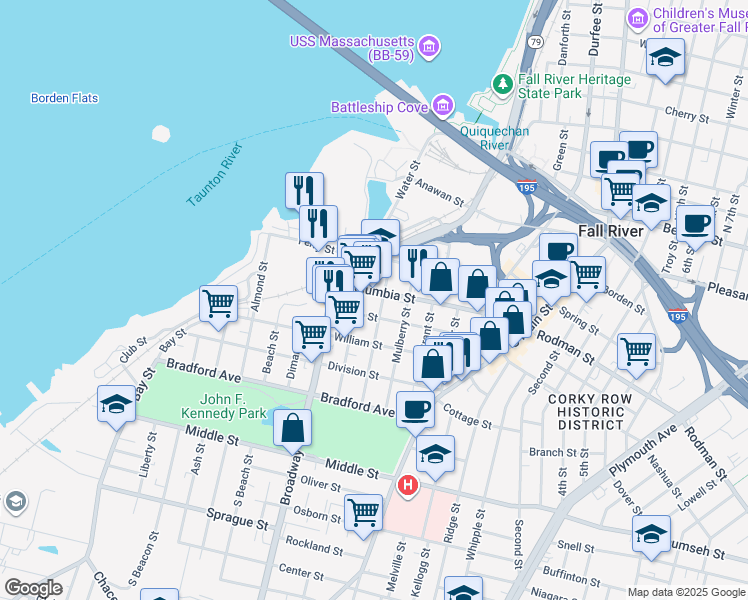 map of restaurants, bars, coffee shops, grocery stores, and more near 154 Eagle Street in Fall River