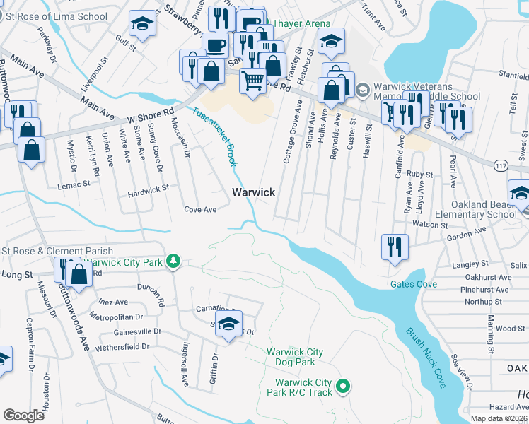 map of restaurants, bars, coffee shops, grocery stores, and more near 212 Cottage Grove Avenue in Warwick