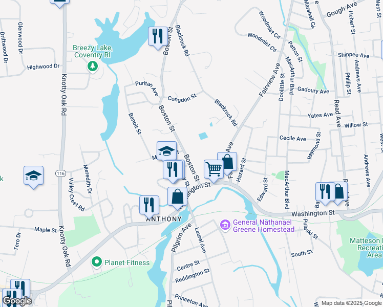map of restaurants, bars, coffee shops, grocery stores, and more near 21 Boston Street in Coventry