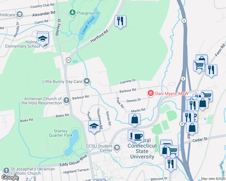 map of restaurants, bars, coffee shops, grocery stores, and more near 163 Barbour Road in New Britain