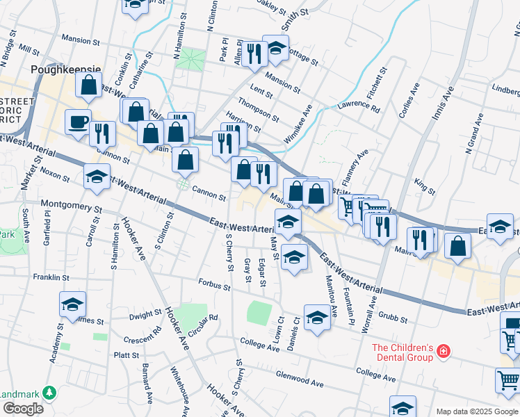 map of restaurants, bars, coffee shops, grocery stores, and more near 337 Church Street in Poughkeepsie