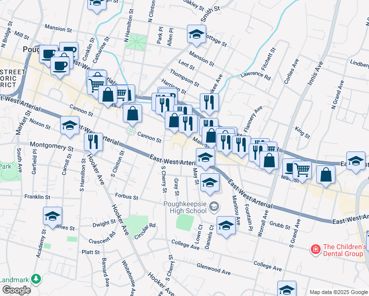 map of restaurants, bars, coffee shops, grocery stores, and more near 337 Church Street in Poughkeepsie