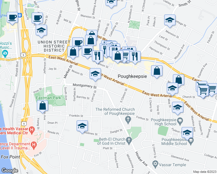 map of restaurants, bars, coffee shops, grocery stores, and more near 6 Hooker Avenue in Poughkeepsie