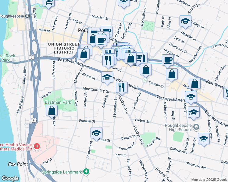 map of restaurants, bars, coffee shops, grocery stores, and more near 5 Carroll Street in Poughkeepsie
