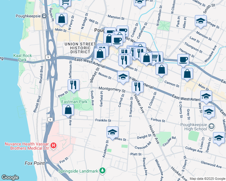 map of restaurants, bars, coffee shops, grocery stores, and more near 20 Carroll Street in Poughkeepsie