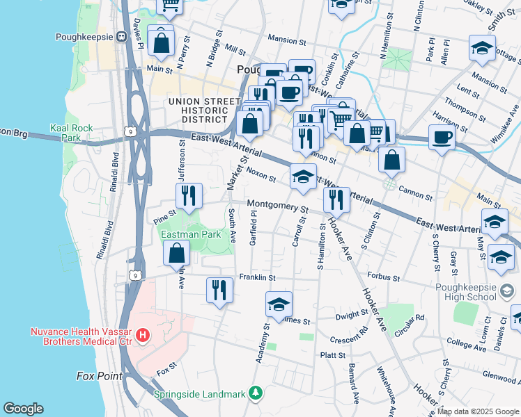 map of restaurants, bars, coffee shops, grocery stores, and more near 13 Garfield Place in Poughkeepsie